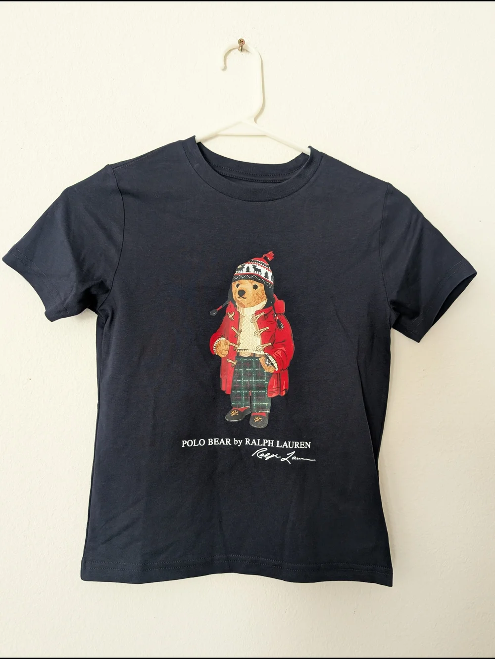 Ralph Lauren Navy Bear Graphic Tee with Red & Green Details